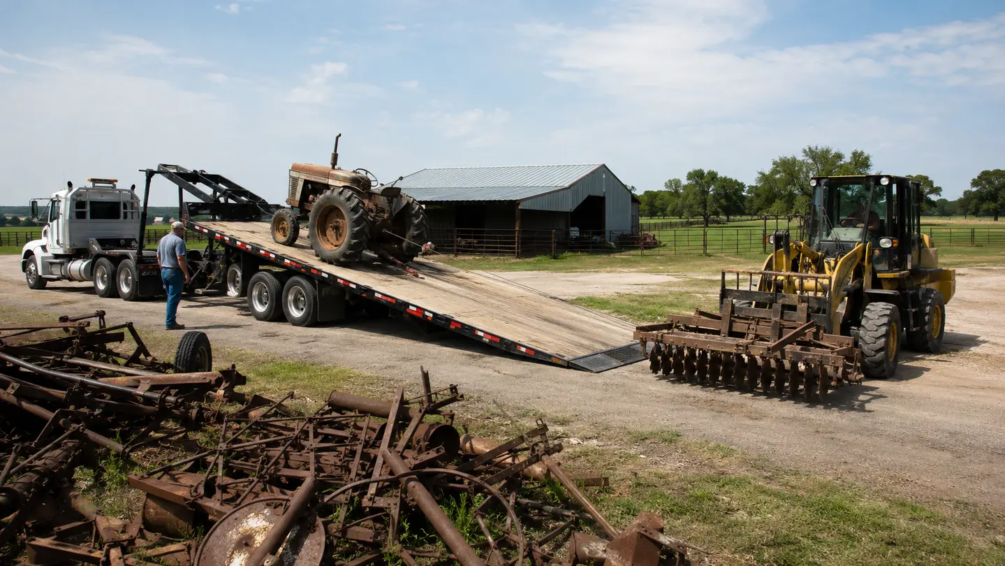 Representative agricultural machinery removal with a disabled tractor being loaded for transport.