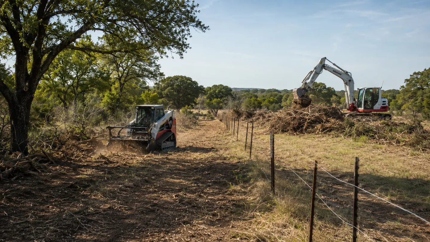Representative North Texas brush clearing and access restoration along a rural fence line.