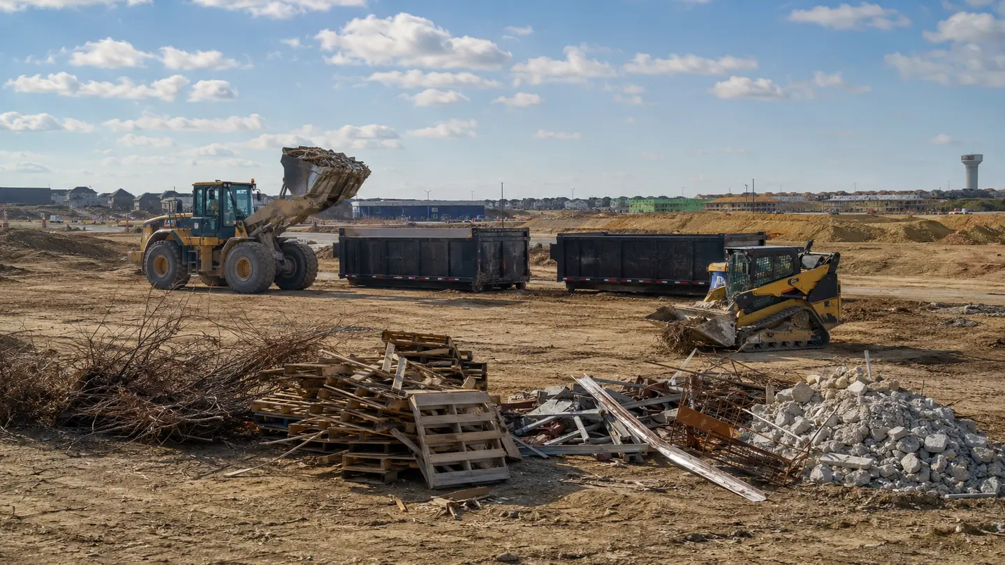 Representative commercial tract cleanup with organized debris, concrete, metal, and hauling containers.