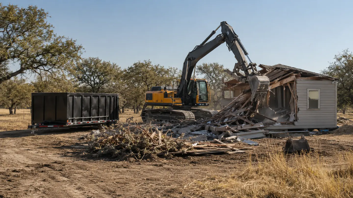 Representative rural structure demolition and site cleanup with an excavator and debris container.