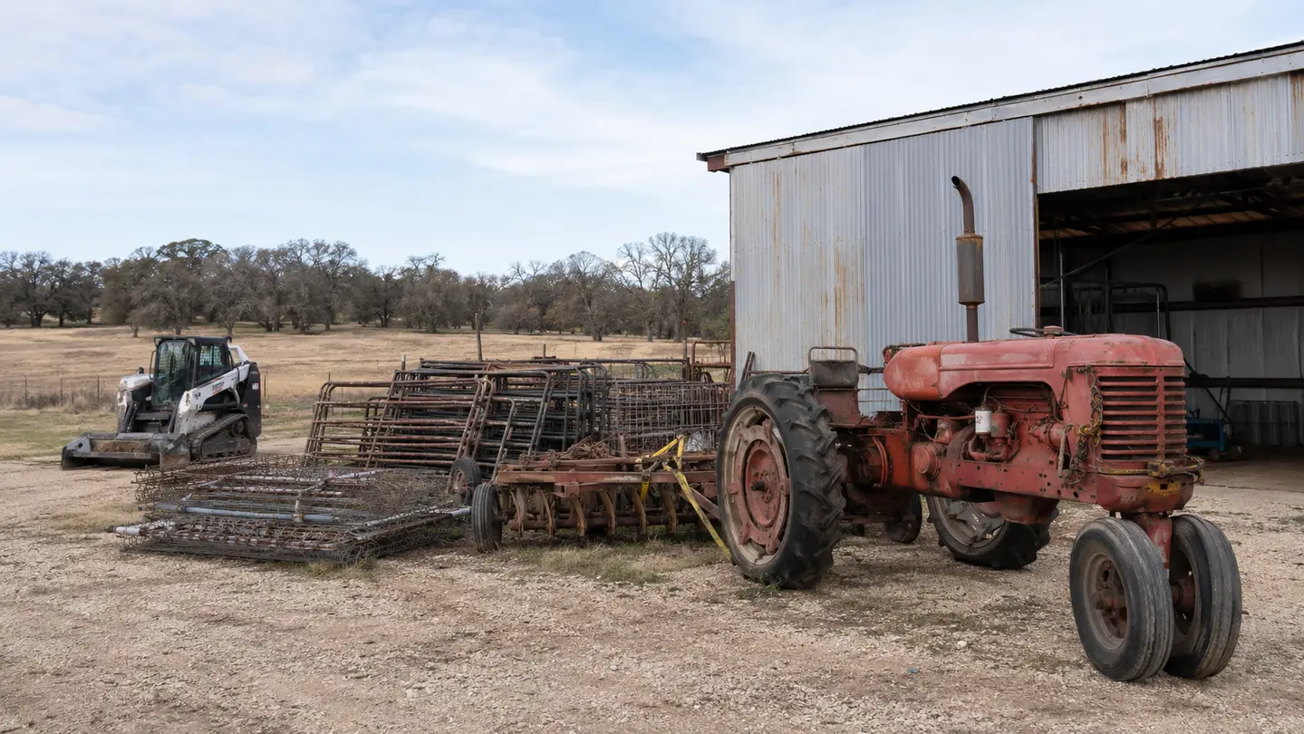 Representative farm cleanup involving older machinery, implements, fencing, and an equipment yard.
