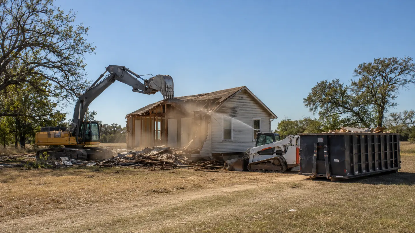 Representative controlled house demolition in progress on a North Texas rural homesite.