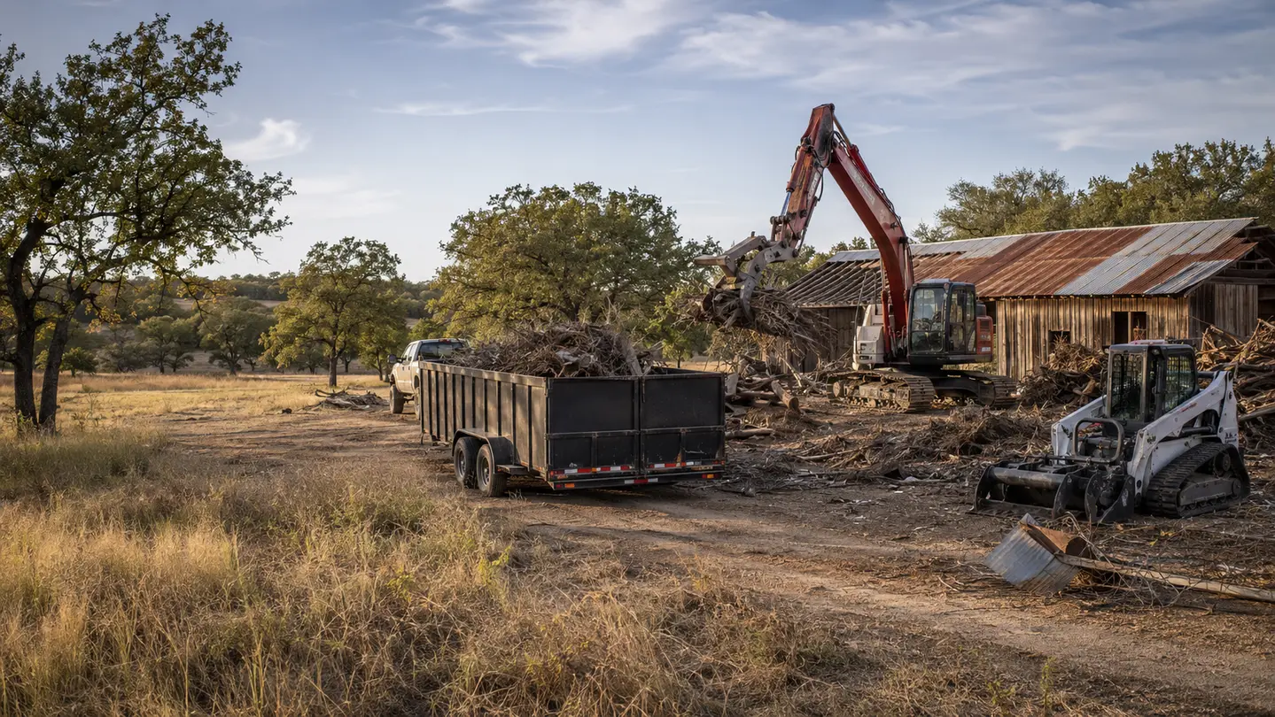 Representative North Texas ranch and acreage cleanup with an older barn, brush, machinery, and hauling capacity.